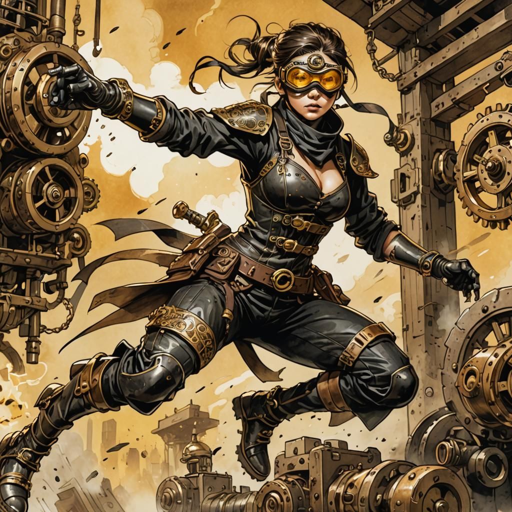 Steampunk Ninja Flying Kick Concept Art