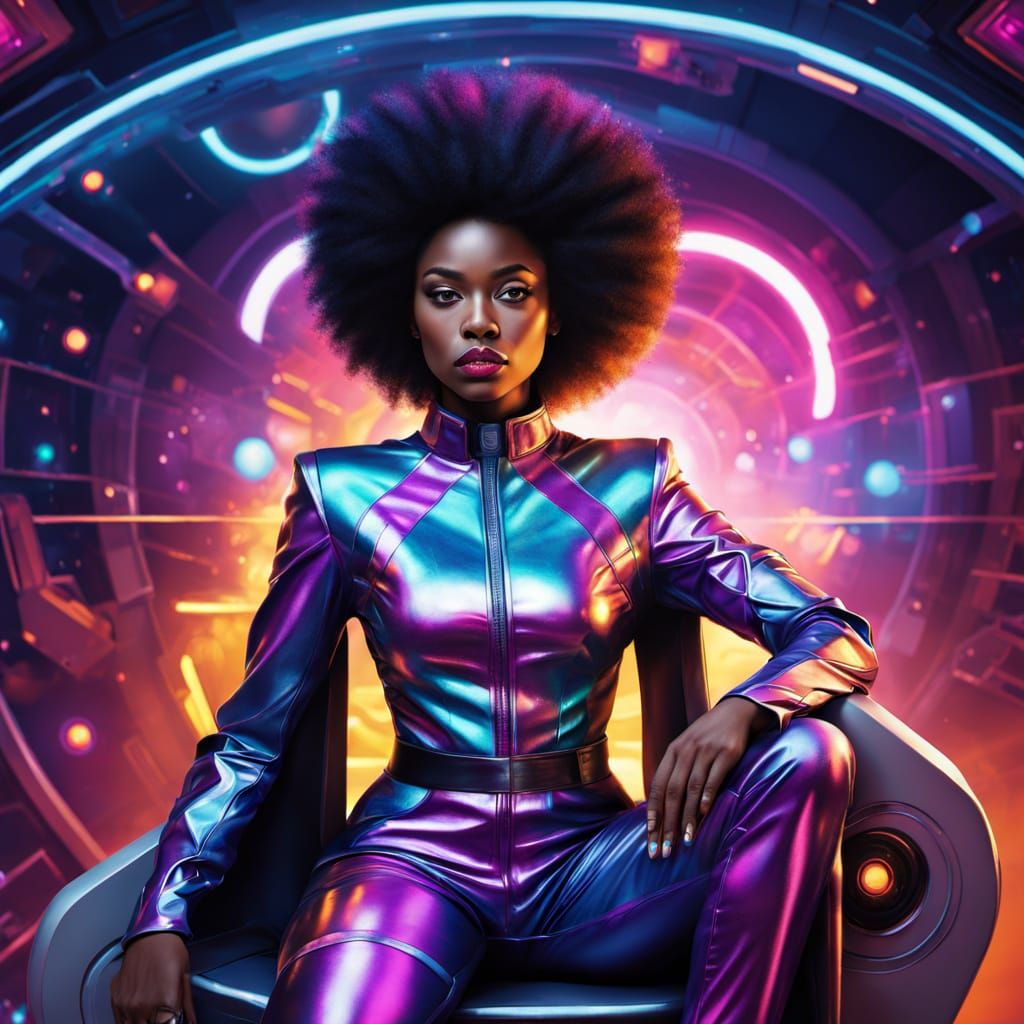Regal African Space Princess in Futuristic Sci-Fi Throne Roo...
