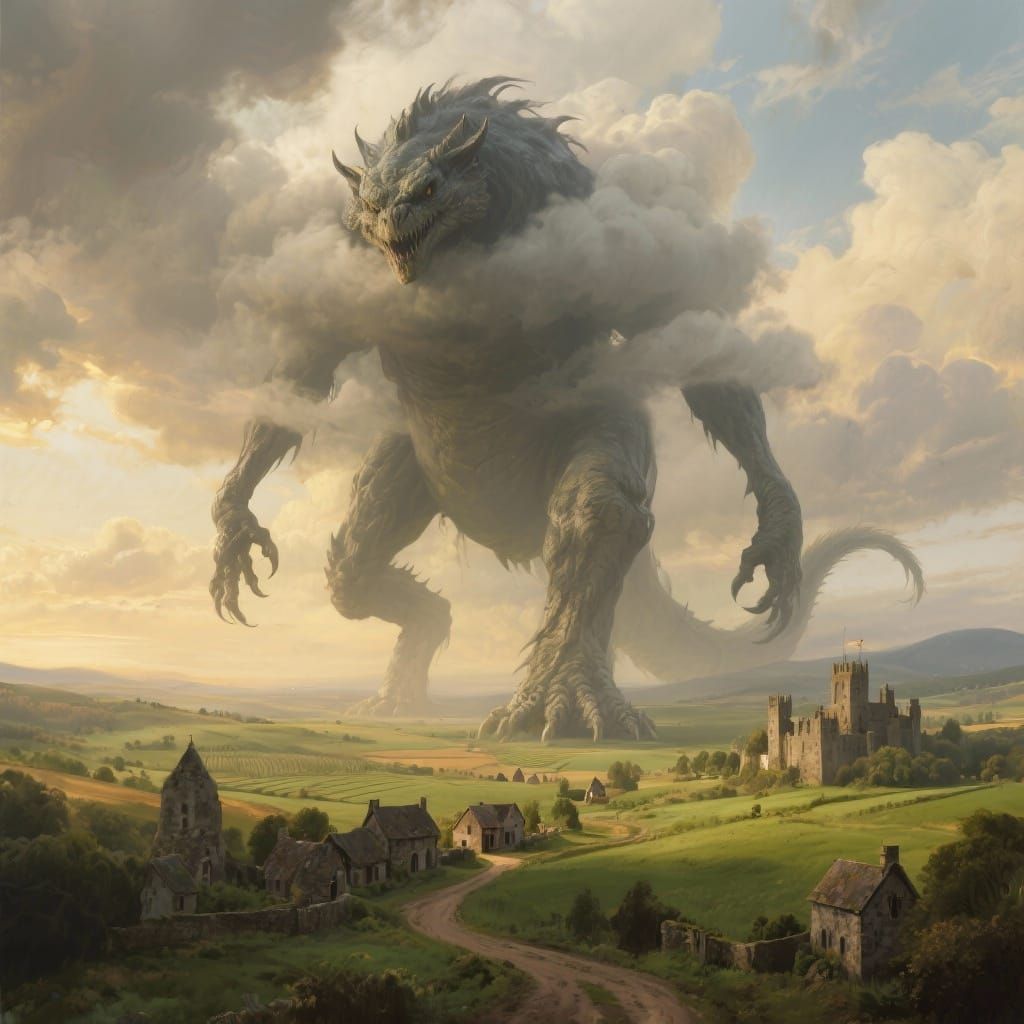 Giant Monster in Medieval Landscape, Hidden Face in Clouds