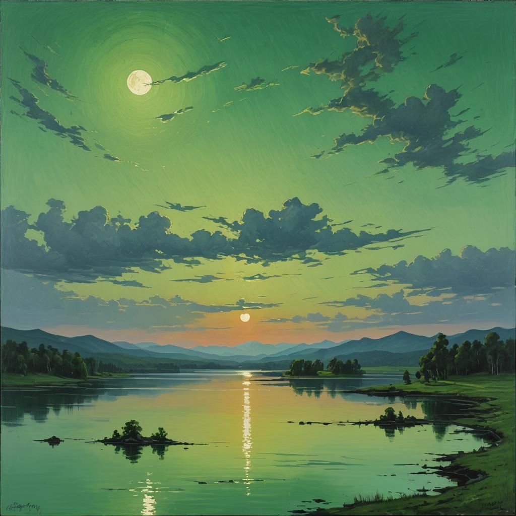 Sunset Over Lake in Green Tones, Luminist Painting