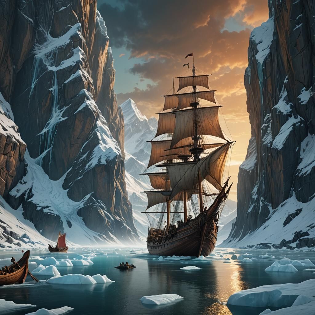 Vikings Sailing Glaciers in Arctic Sunset
