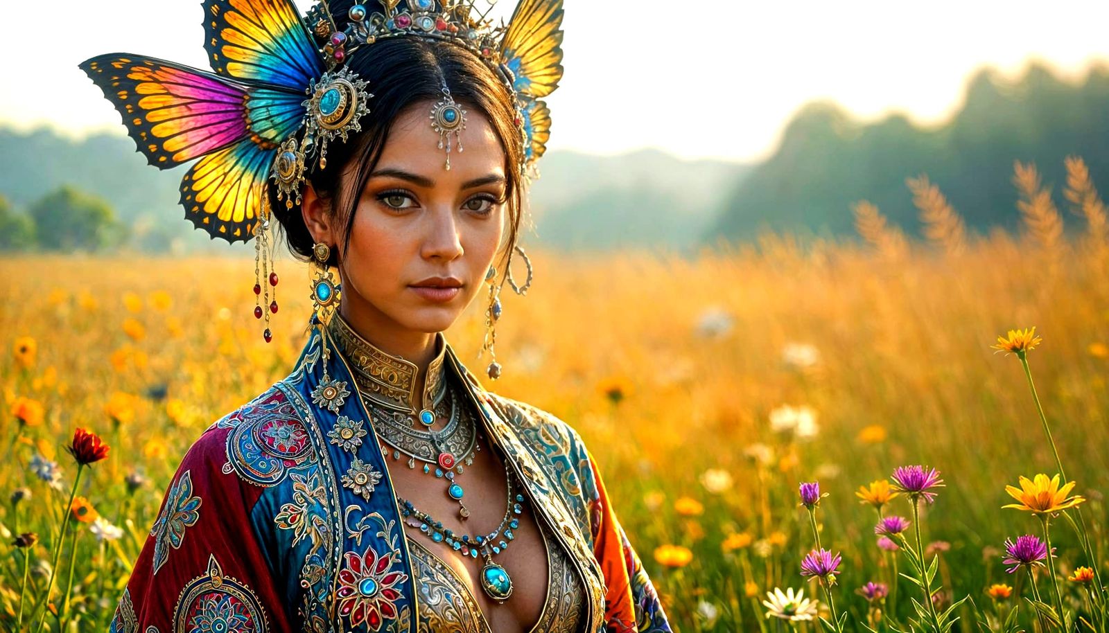 Kaleidoscope-Eyed Alien Woman in Meadow: Digital Art