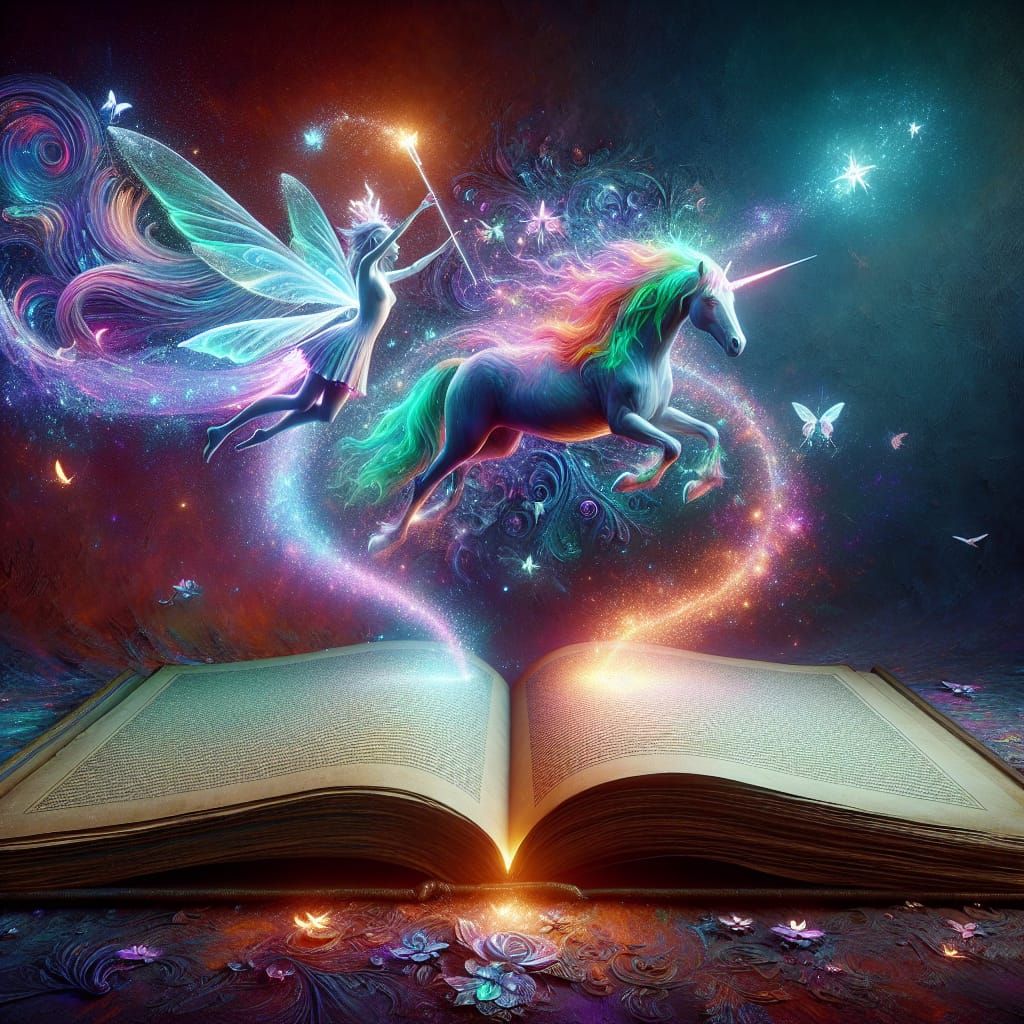 Fantasy Unicorn and Fairy Leaping From Open Book