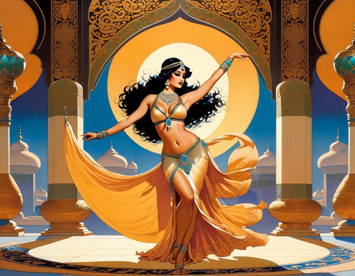 Alluring Belly Dancer in Ornate Harem, Flat Illustration