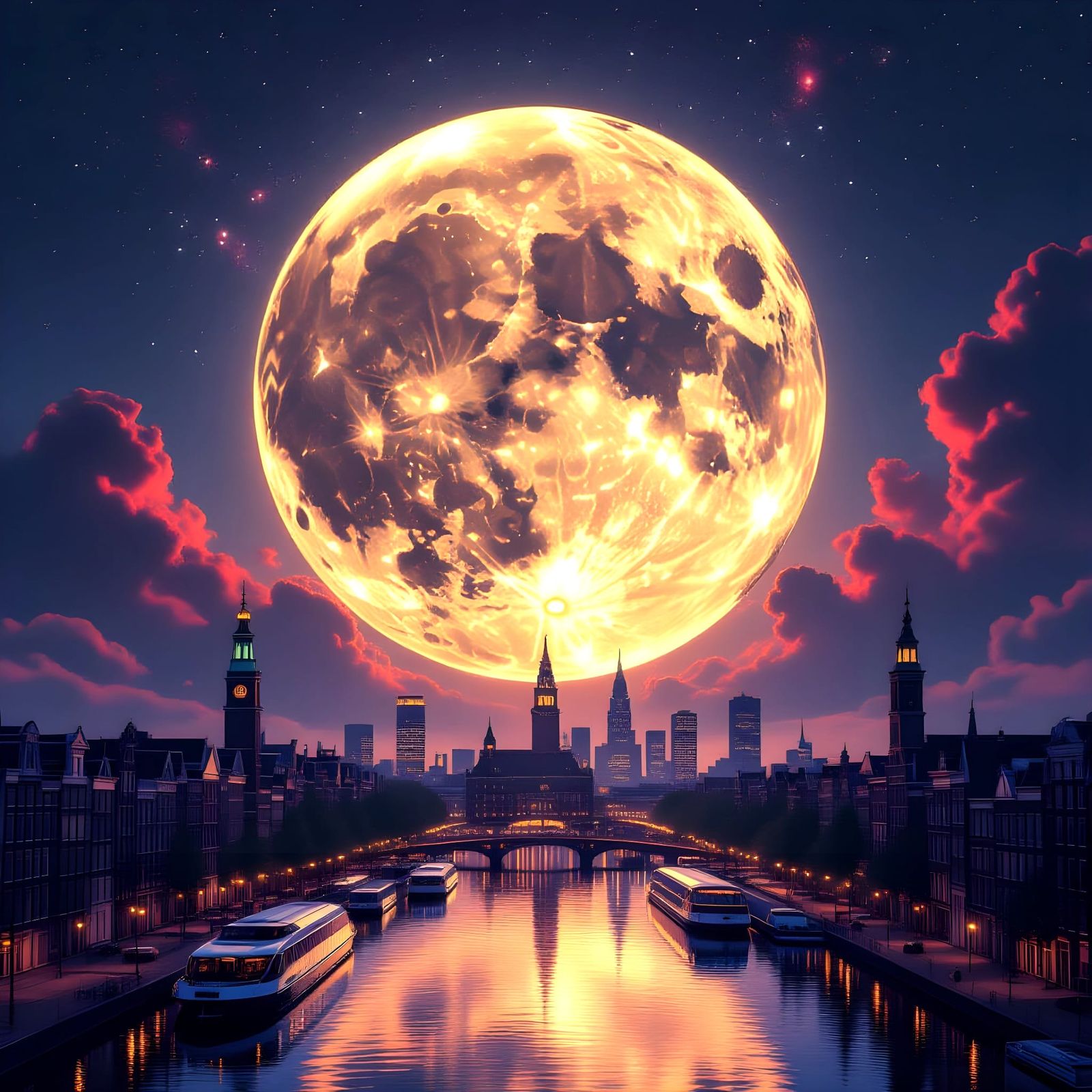 Futuristic Amsterdam Under Cosmic Supermoon