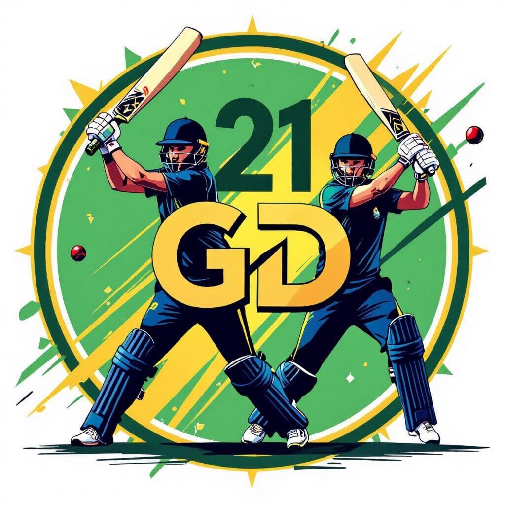 Young Cricket Players in Motion, Green and Gold Emblem