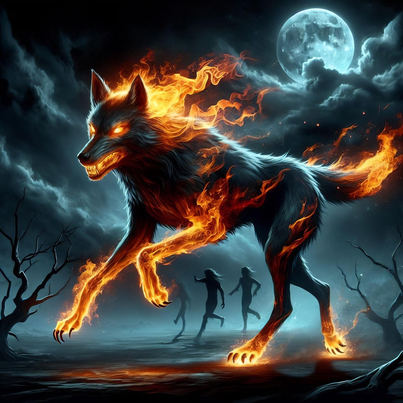 Fiery Undead Wolf Galloping Through Dark Night