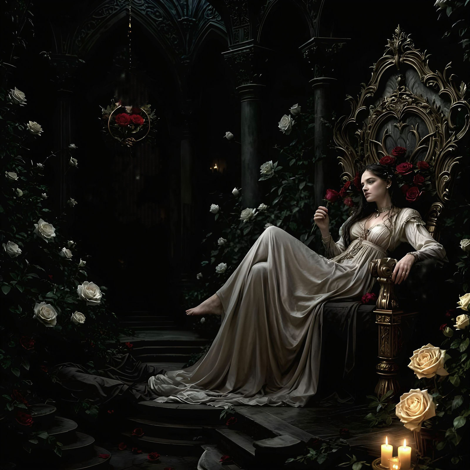 Persephone on Throne with White and Red Roses