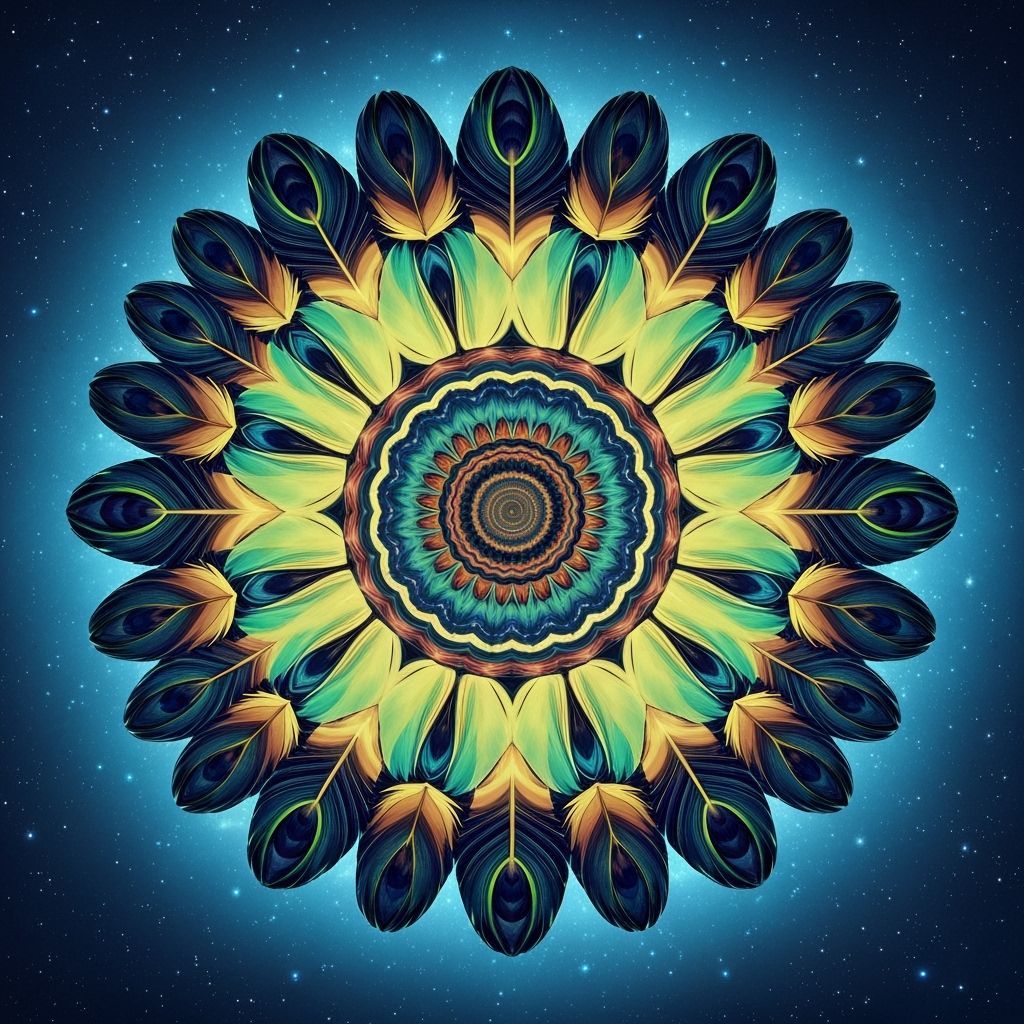 Vivid Mandala of Paradox Feathers in Outer Space