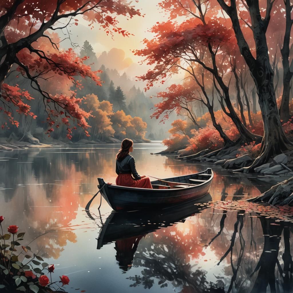 Girl in Boat: Fantasy Art in Watercolor Style