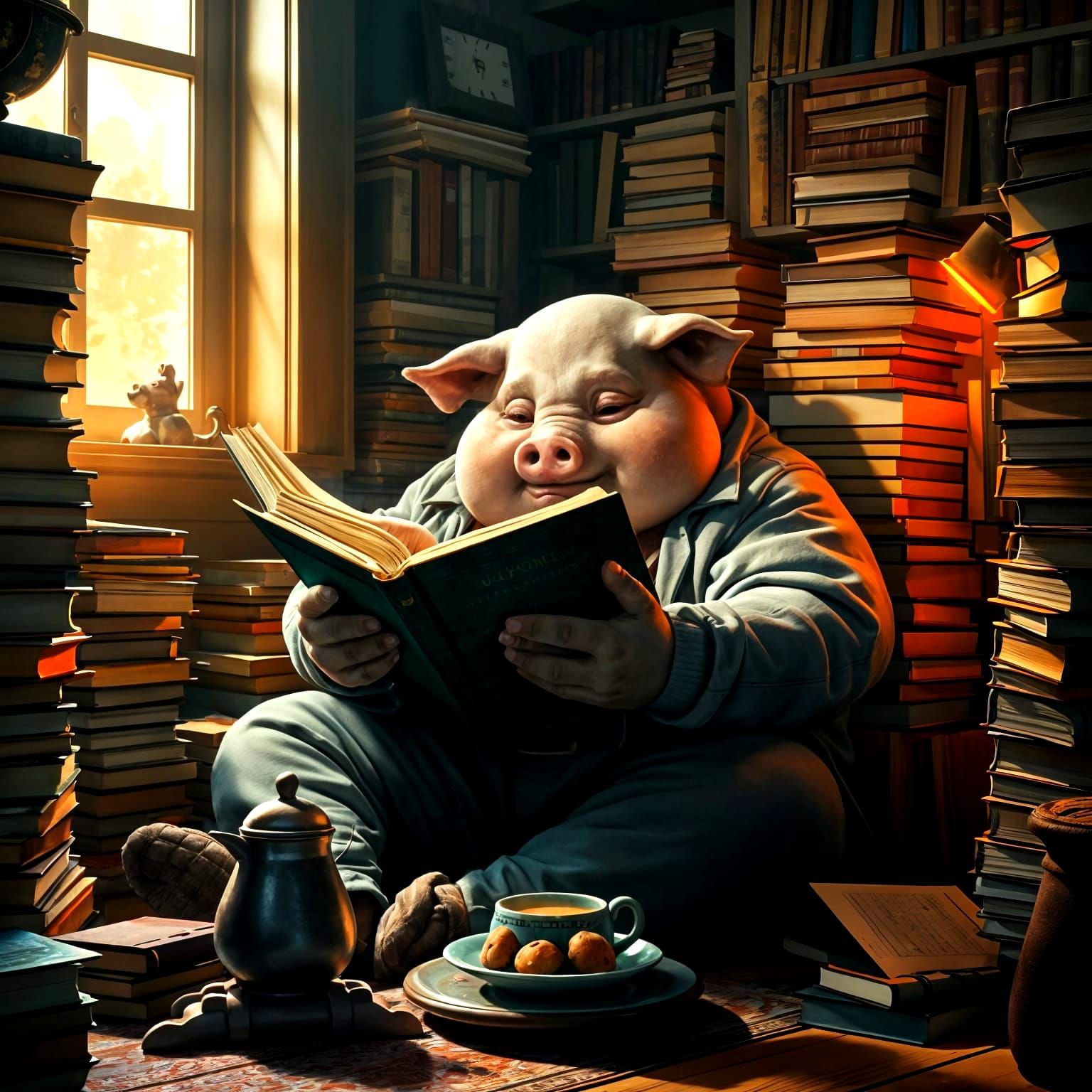 Man with Pig Head Reading in Cozy Nook