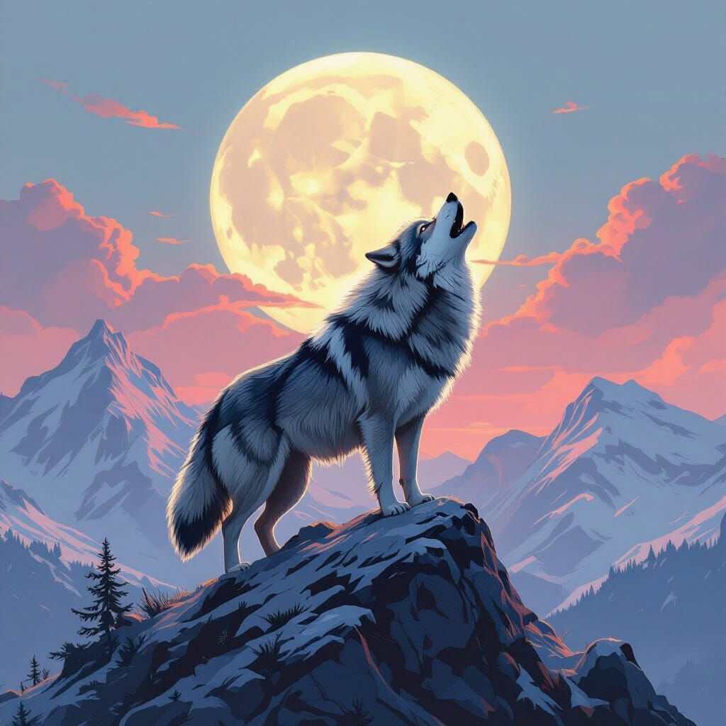 Wolf Howling at Moon in Landscape Realism Style