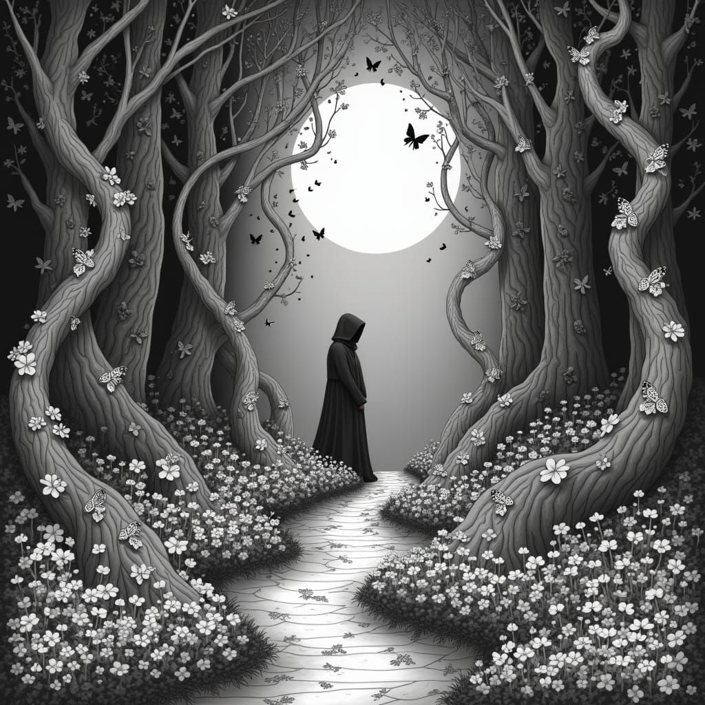 Ethereal Art Nouveau Forest Scene in Monochromatic Hues