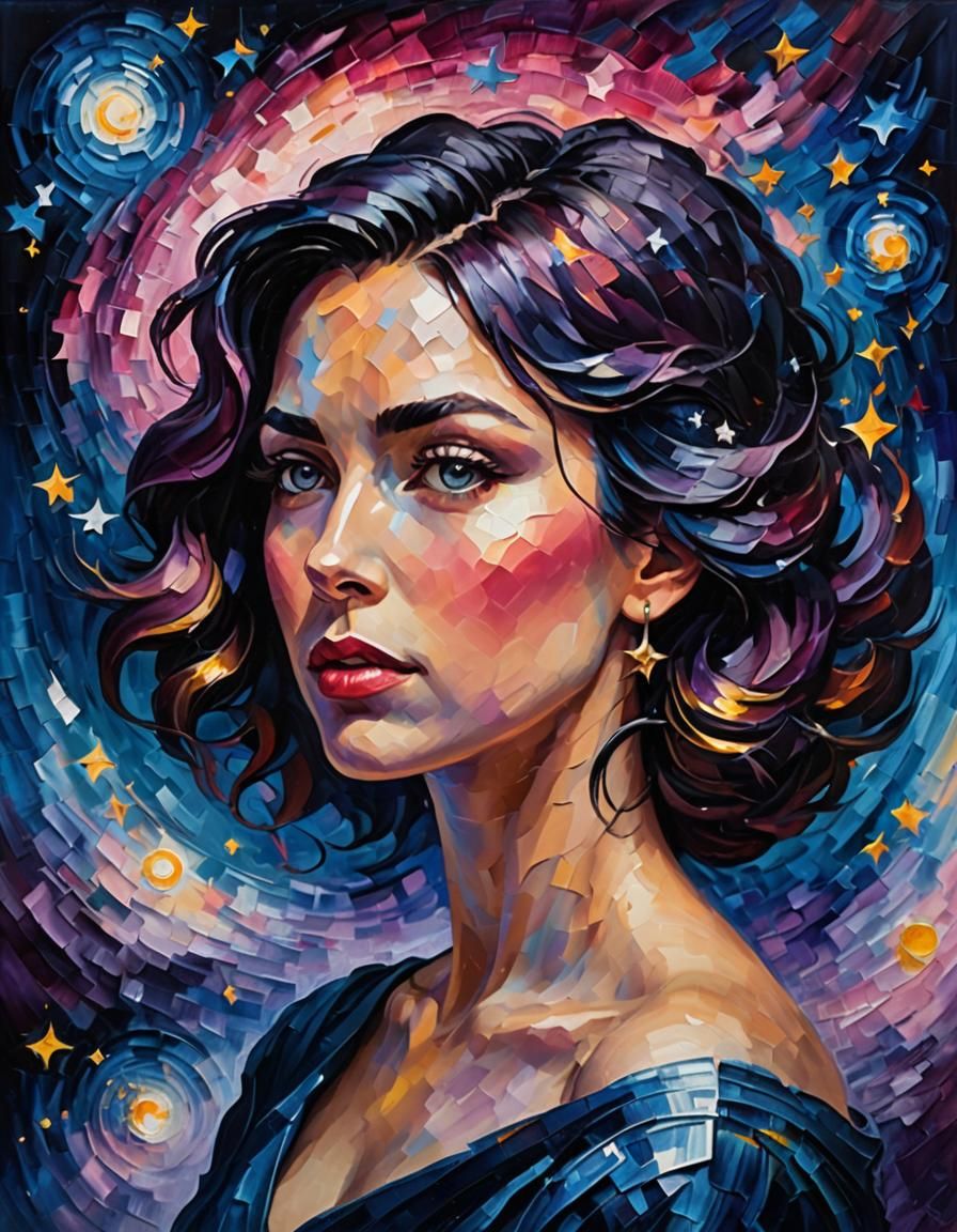 Cosmic Silhouette: Impasto Oil Painting of a Woman