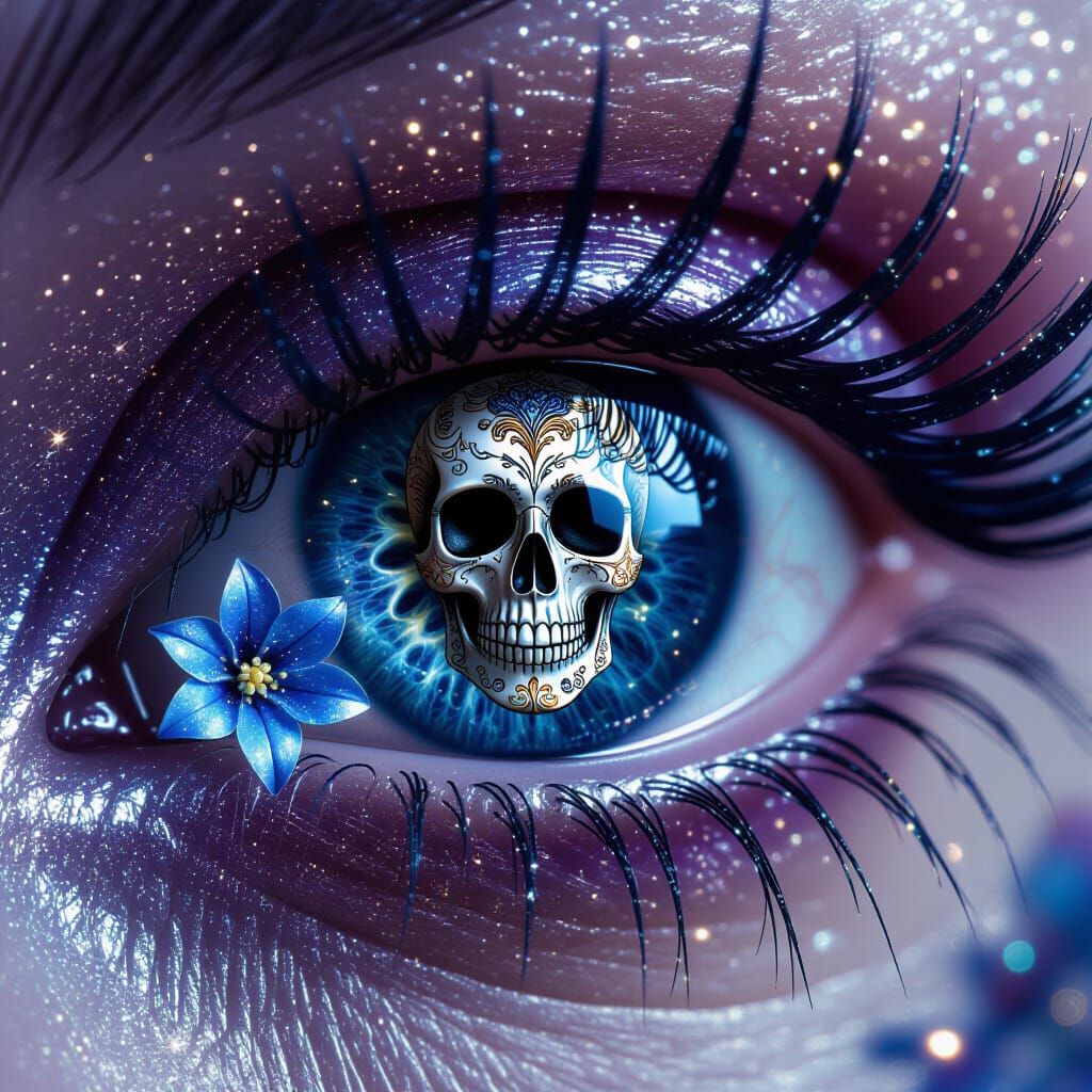 Surreal Female Eye with Skull Iris and Cosmic Lashes