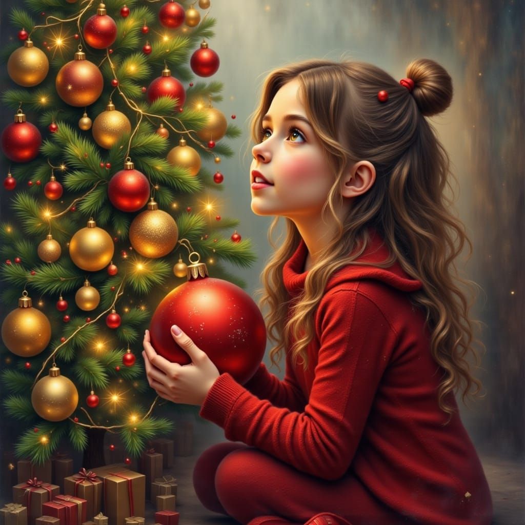 Dreamy Girl with Christmas Ball in Festive Oil Painting