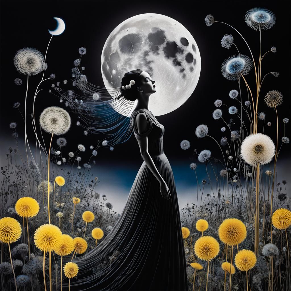 Surreal Moon Woman Photogram in Dandelions Dreamscape