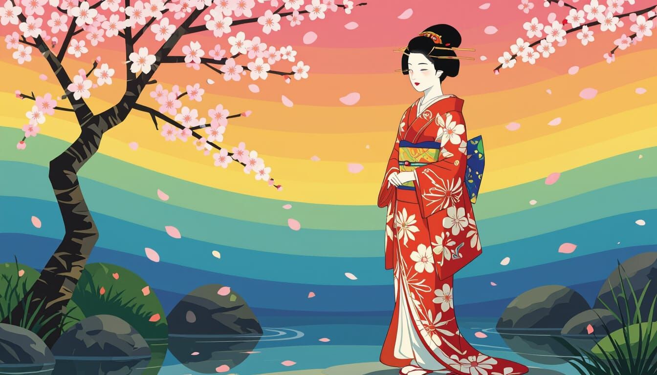 Japanese Woman in Kimono in Zen Garden