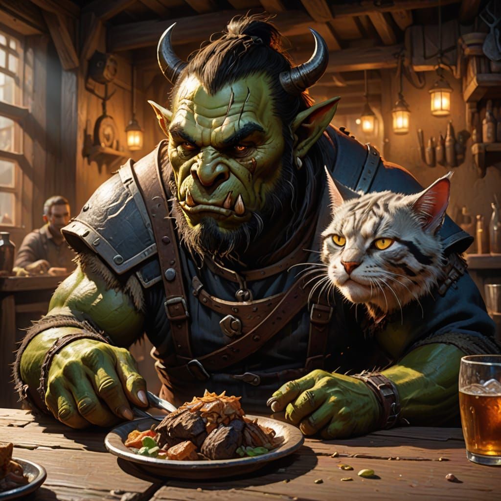 Hyperrealistic Orc Tenderly Feeds Kitten in Cozy Tavern