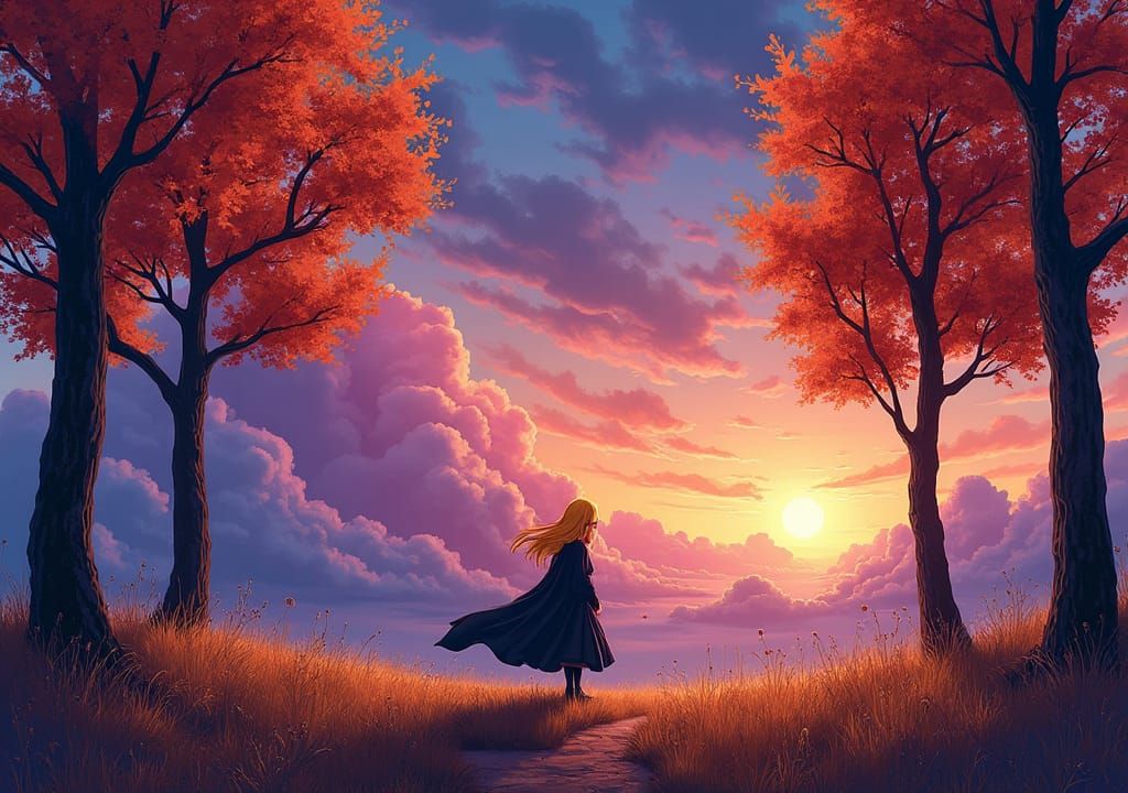 Surreal Sunset: Girl in Cloak Amidst Autumn Trees