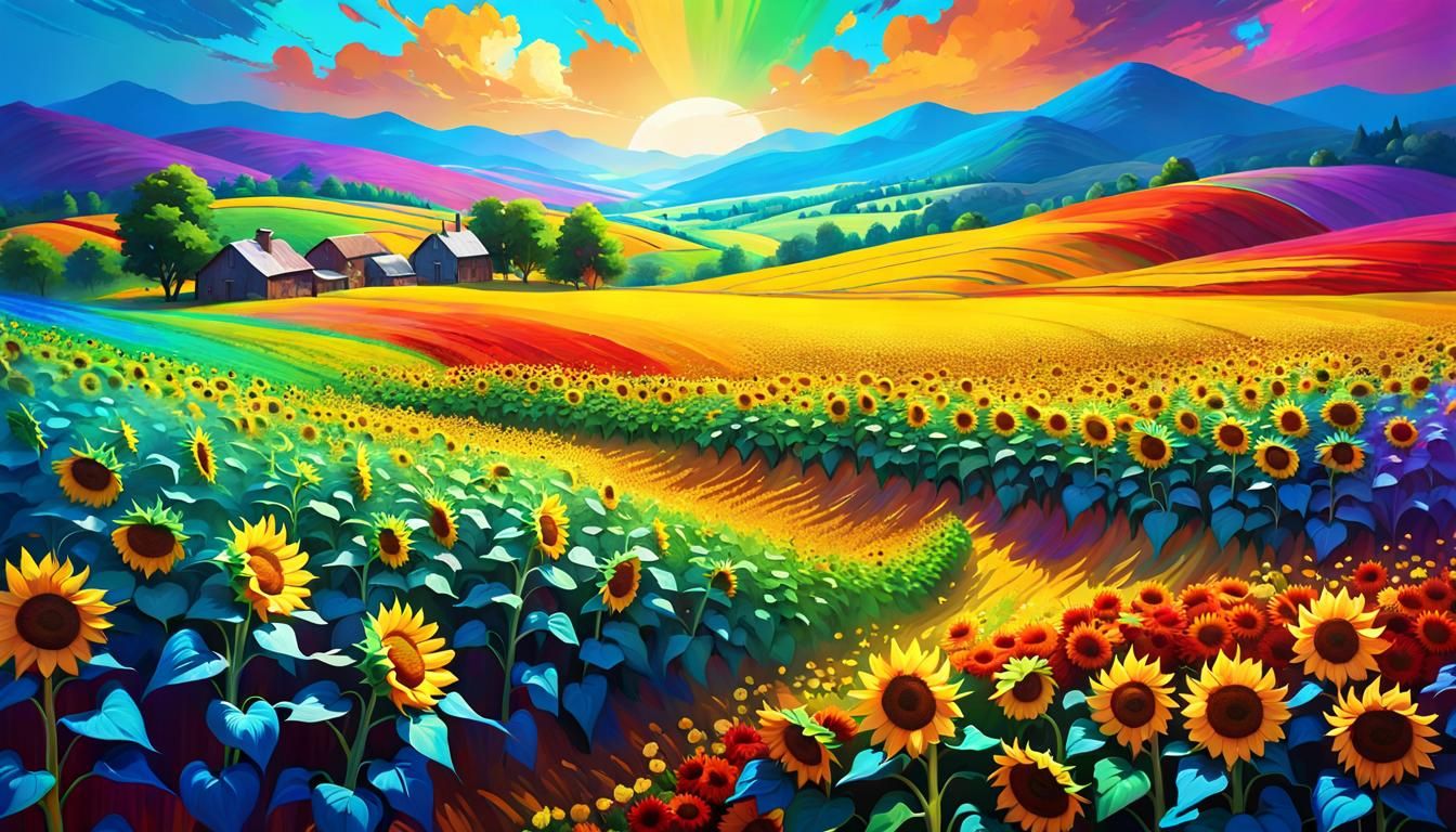 Rainbow Sunflower Field Impasto Painting in Unreal Engine