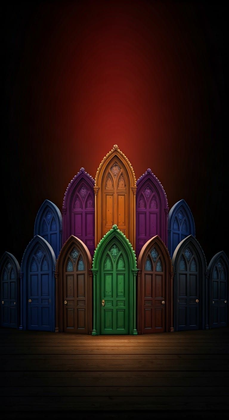 Mythic Doors in a Dramatic Black and Red Haze