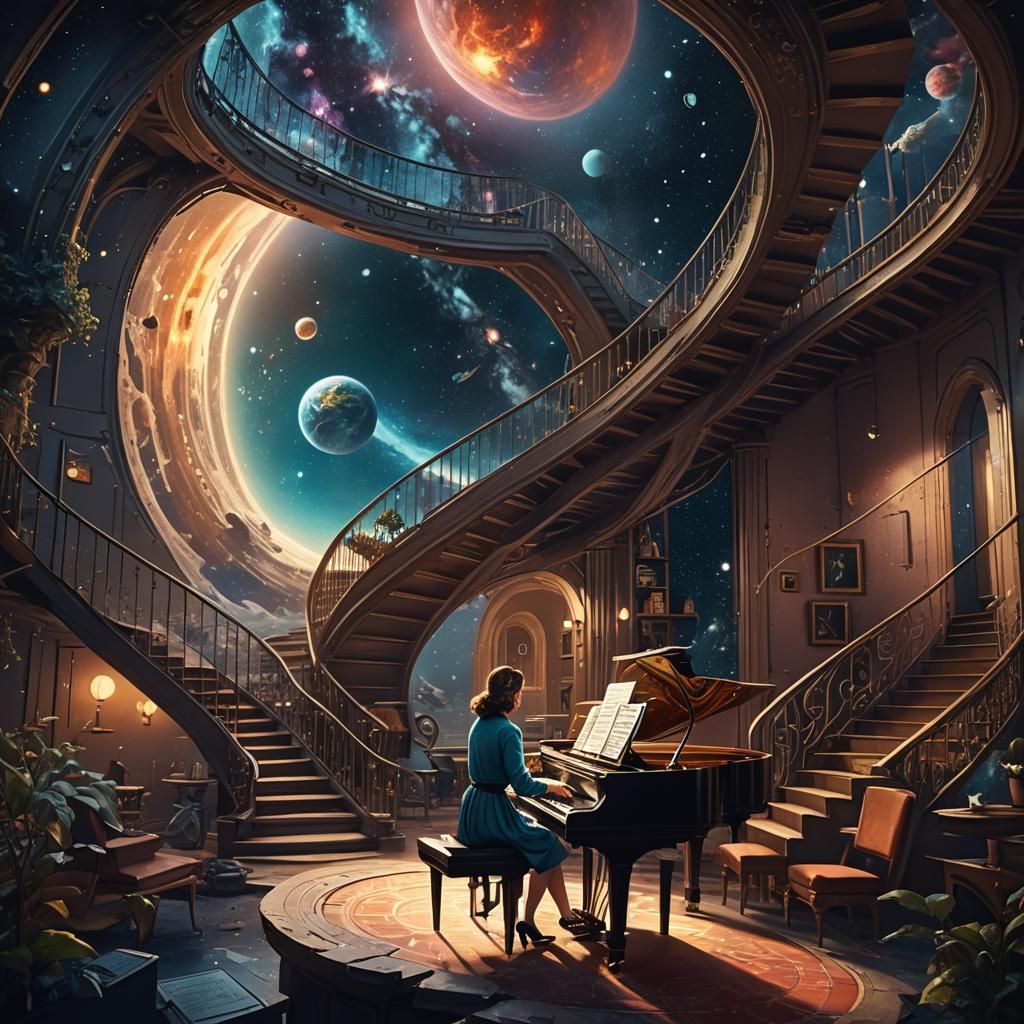 Woman Plays Piano in Space in 1950s Sketch Art