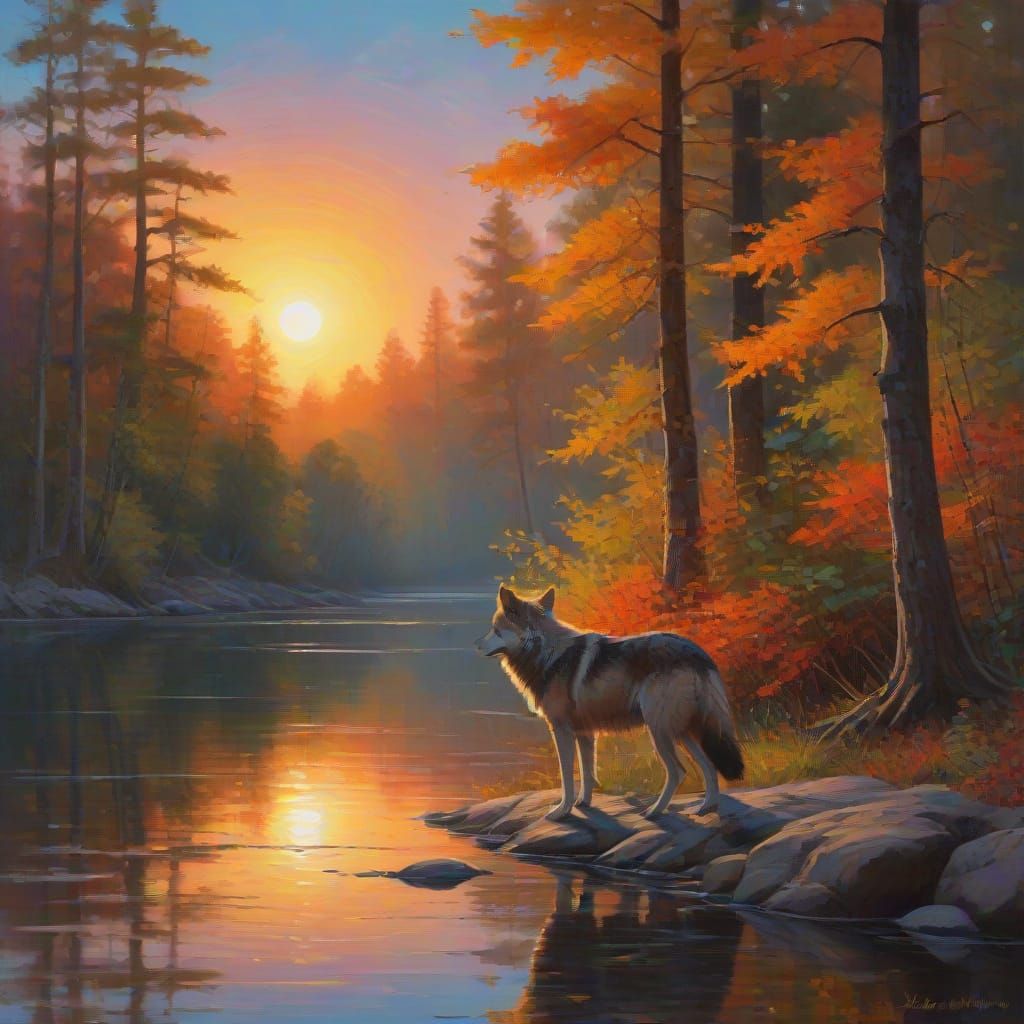 Wolf in Forest: Impressionist Side Profile Portrait