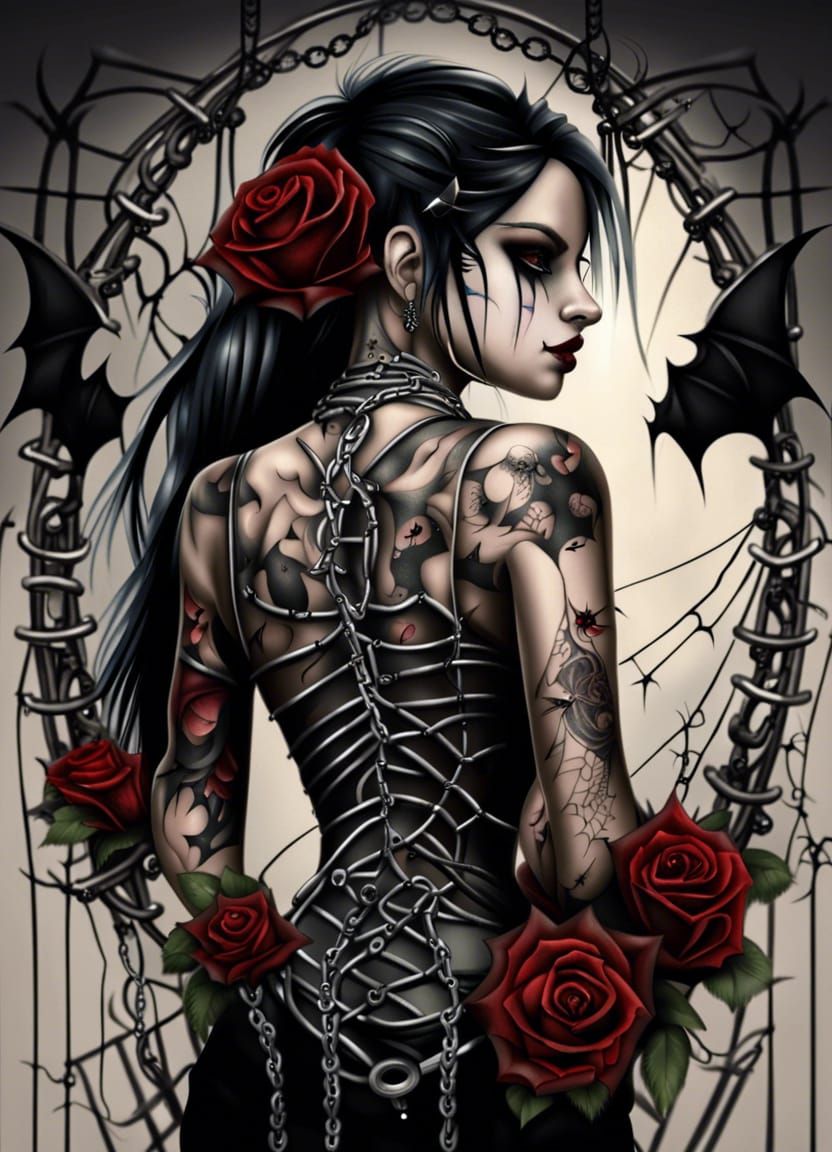 Gothic Woman's Rib Tattoo with Roses and Chains