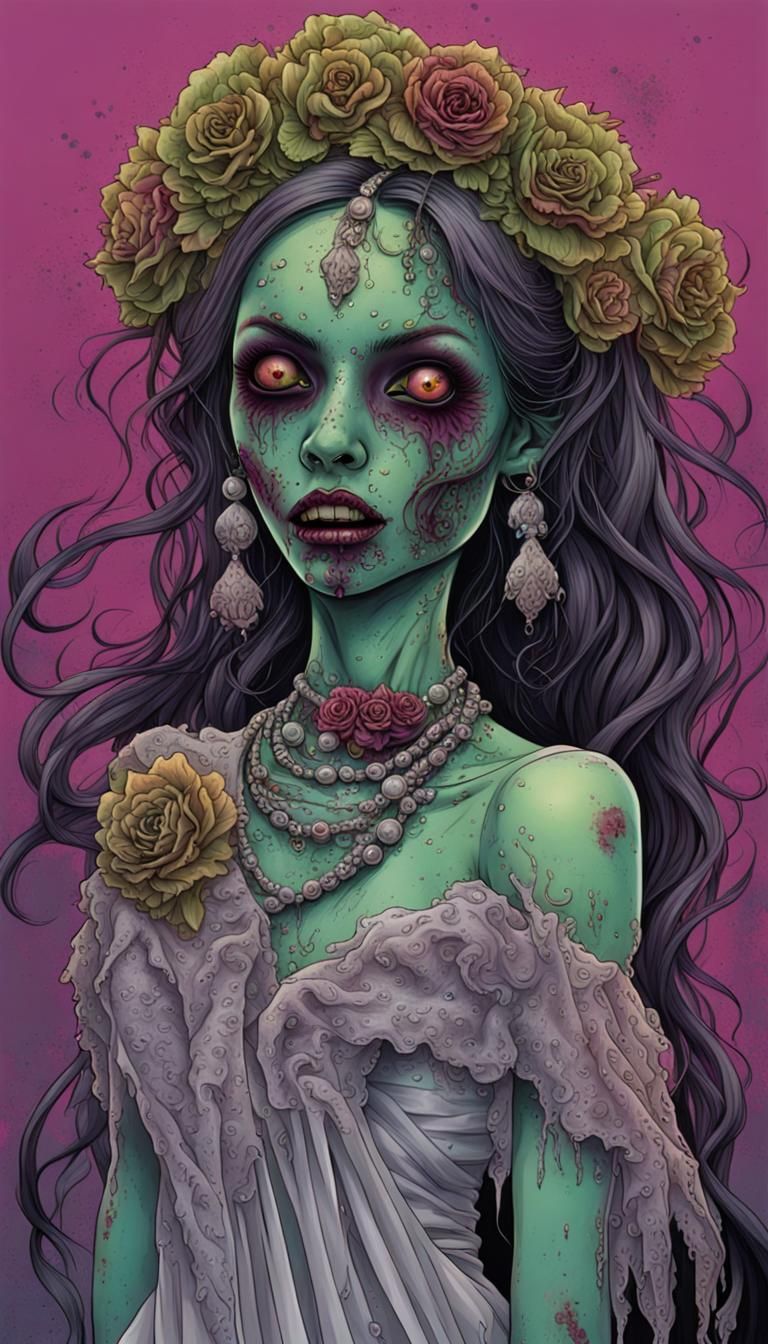 Hyperdetailed Zombie Bride in Cool Colors