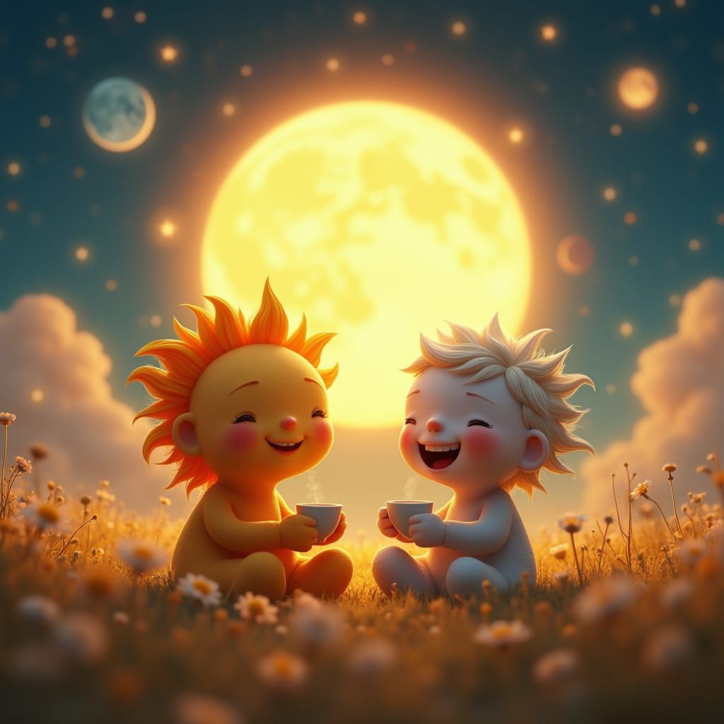 Pixar-Style Sun & Moon Share Tea in Whimsical Celestial Scen...