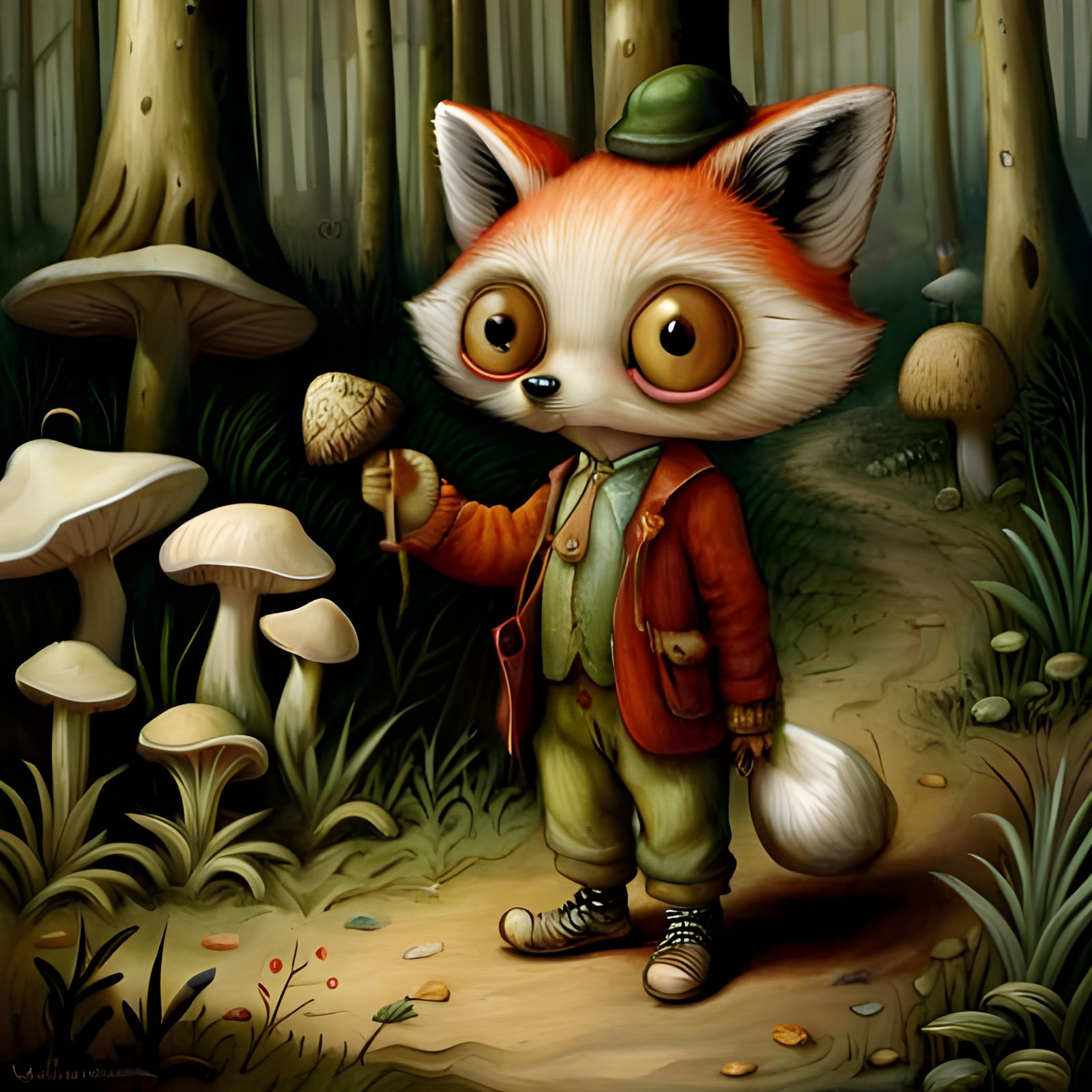Anthropomorphic Fox Explorer in Mushroom World