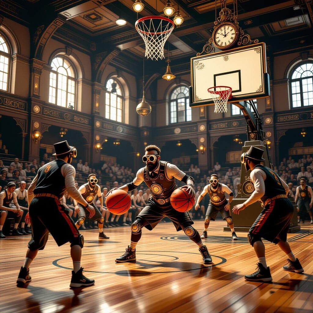 Steampunk Basketball Game in Victorian Gymnasium