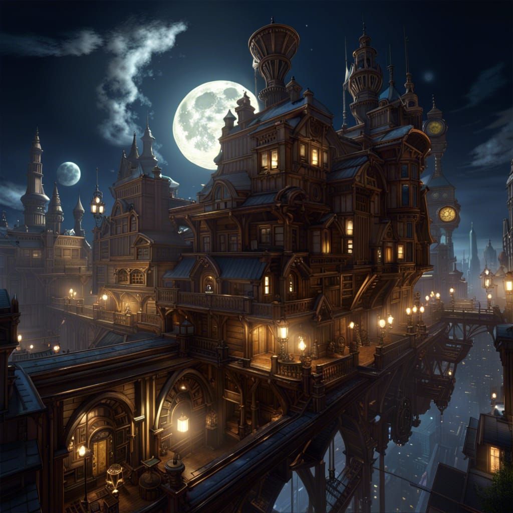 Steampunk City at Night: Hyperdetailed Concept Art