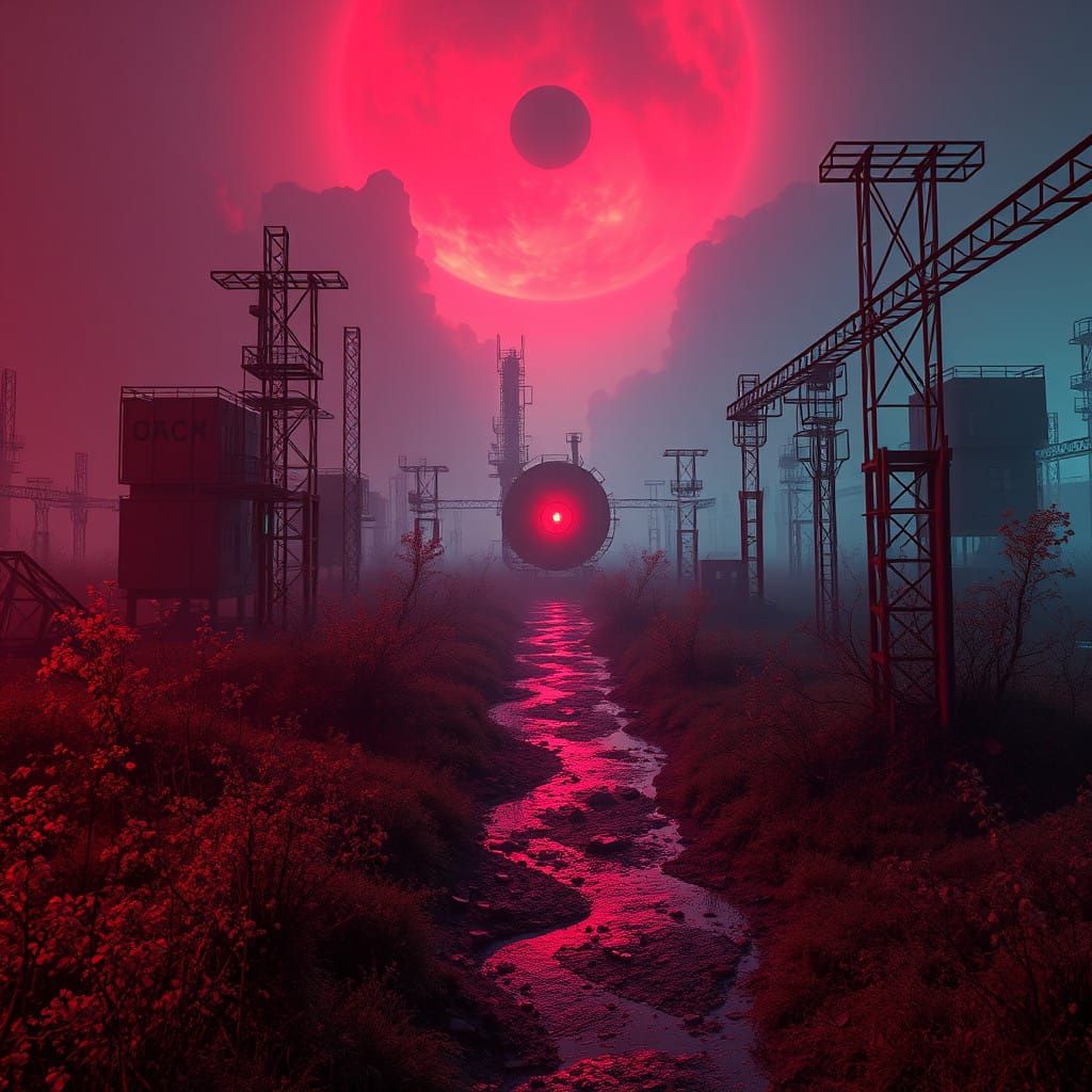 Surreal Post-Apocalyptic Cityscape with a Vibrant, Red-Eyed....