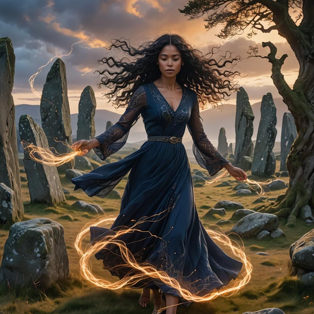 Woman Weaving Light Threads at Ancient Stones