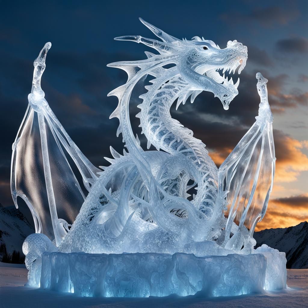 Intricate Ice Dragon Sculpture with Icy Flames