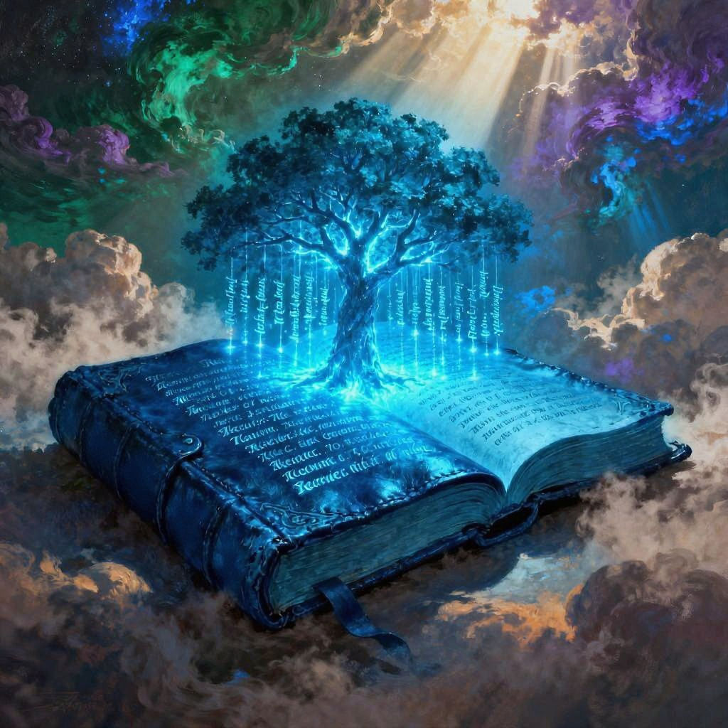 Ancient Book of Life Opens With Tree in Clouds