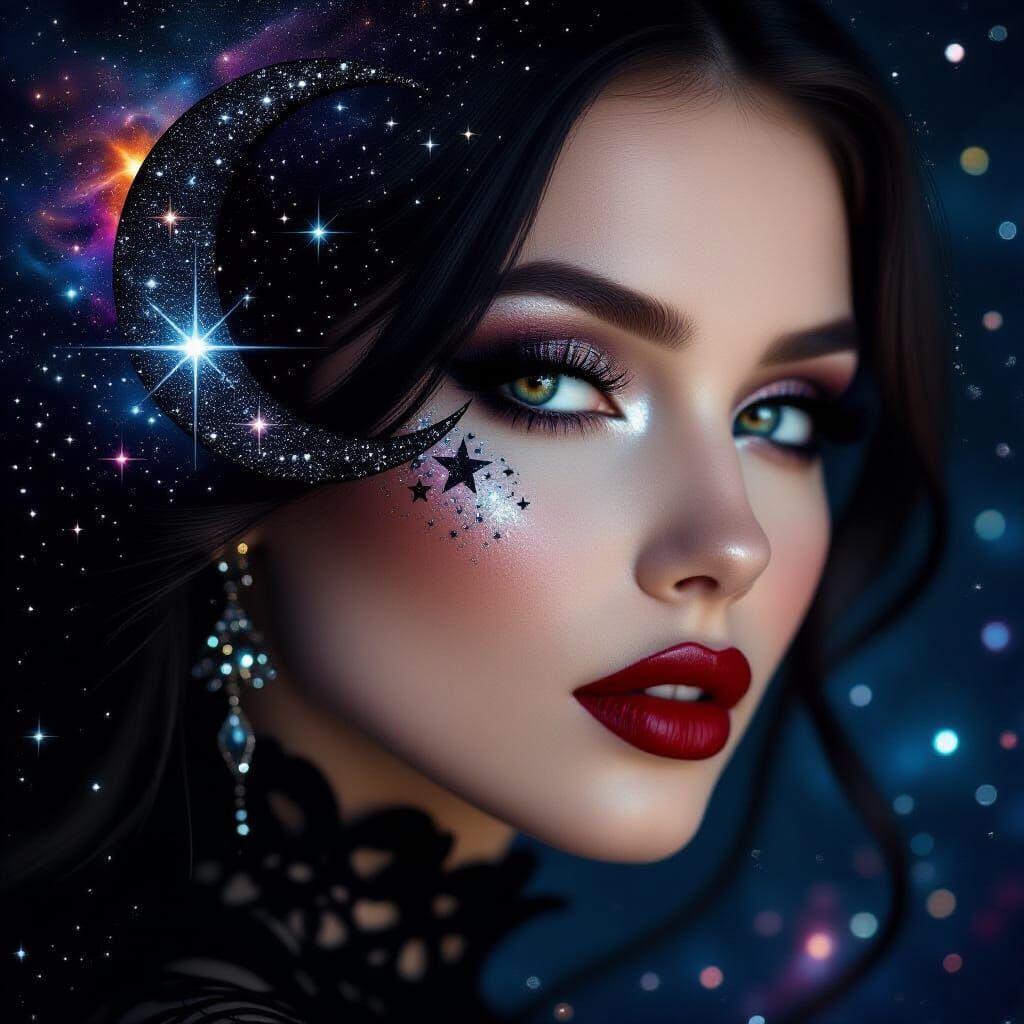 Cosmic Goth Portrait with Starry Galaxy River