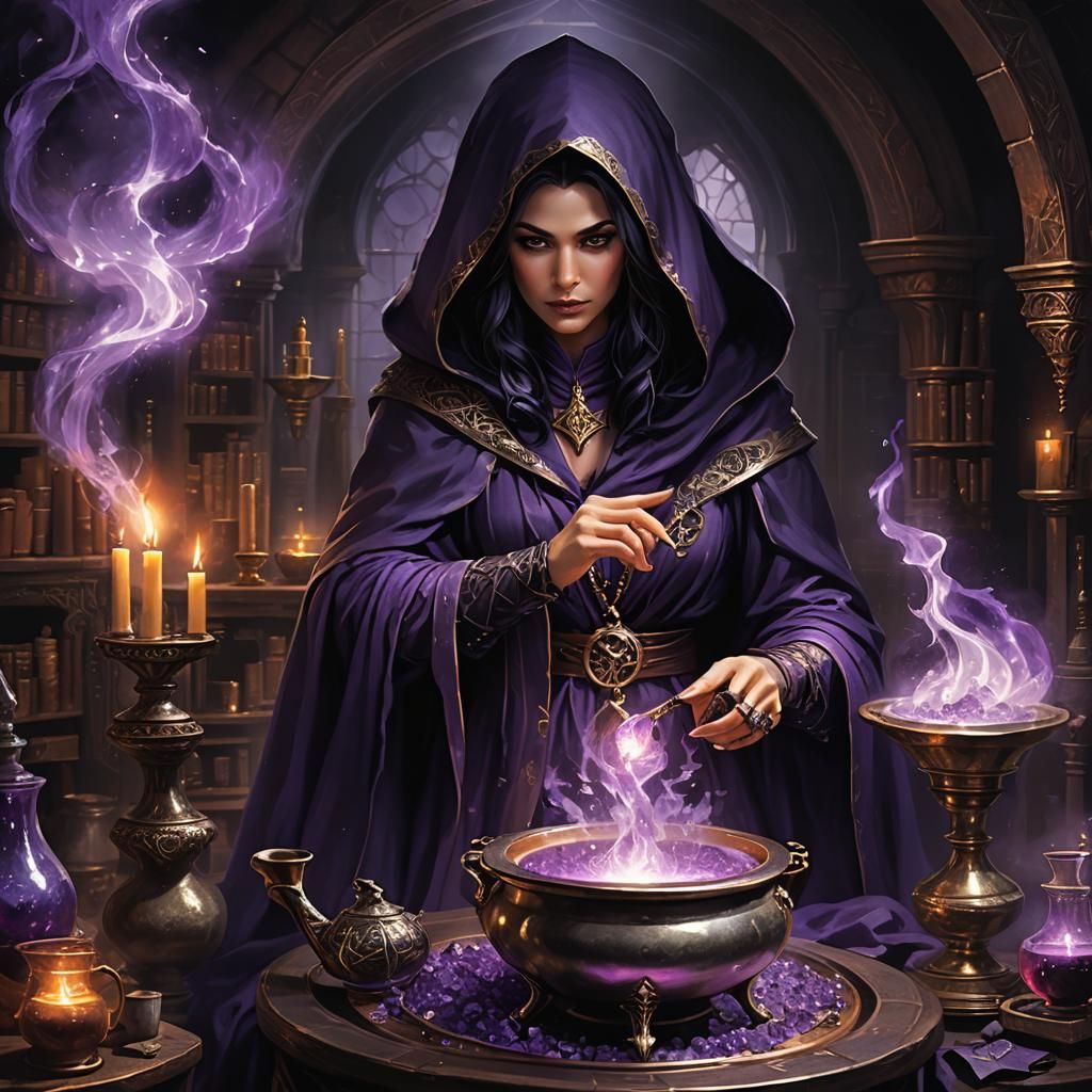 Middle-Eastern Warlock Brewing Enchanting Potion in 3D Anime...