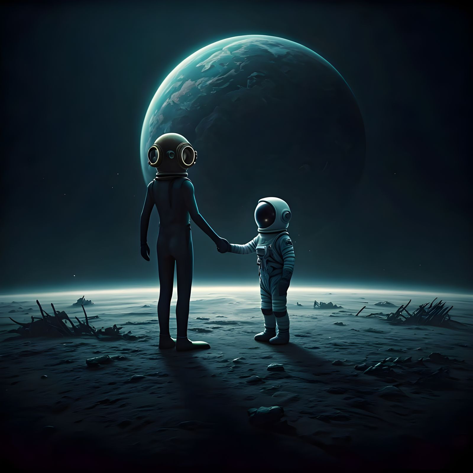 Small Diver and Astronaut Shake Hands in a Post-Apocalyptic ...