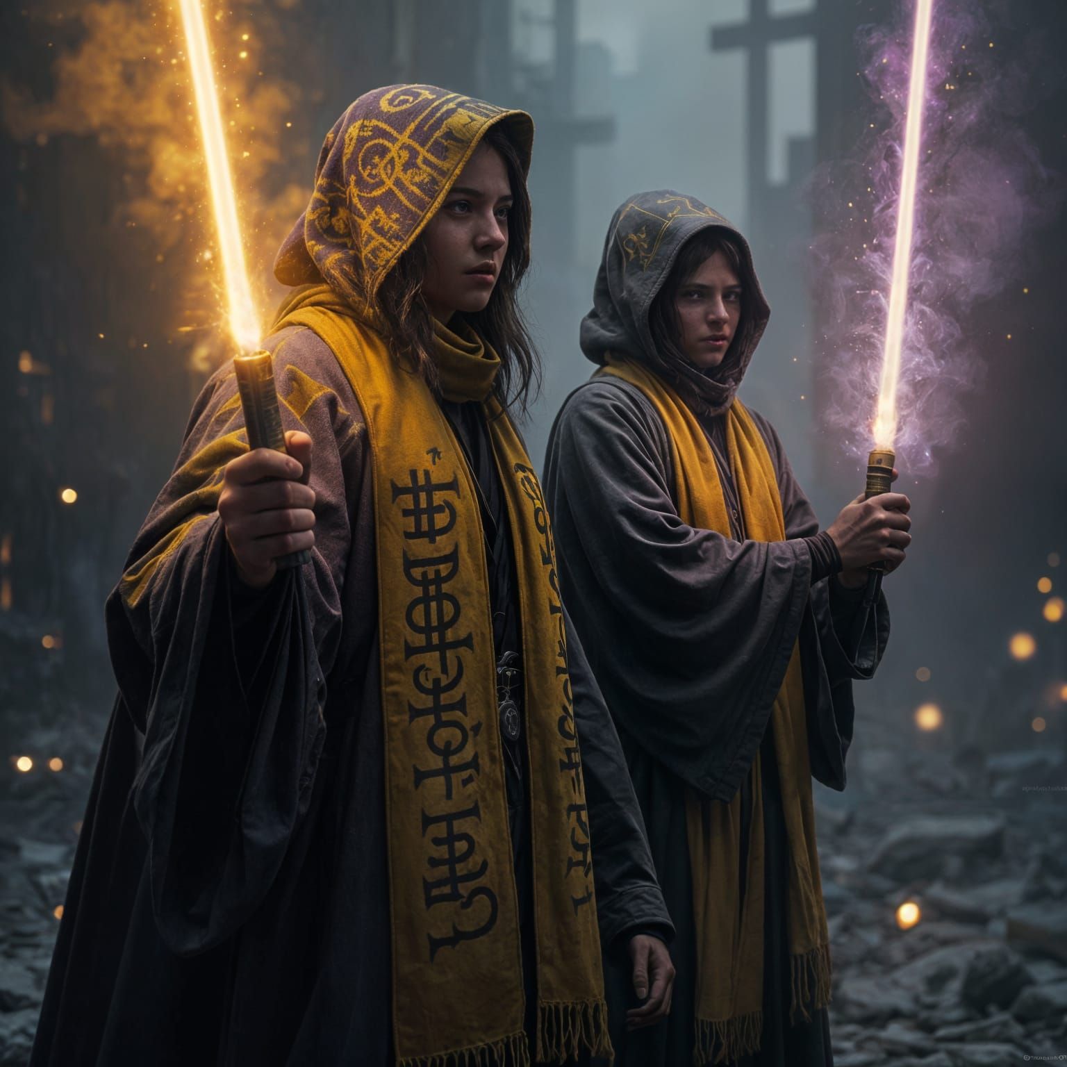 Wizards in Hufflepuff Regalia Unleash Vibrant Light Sabers A...