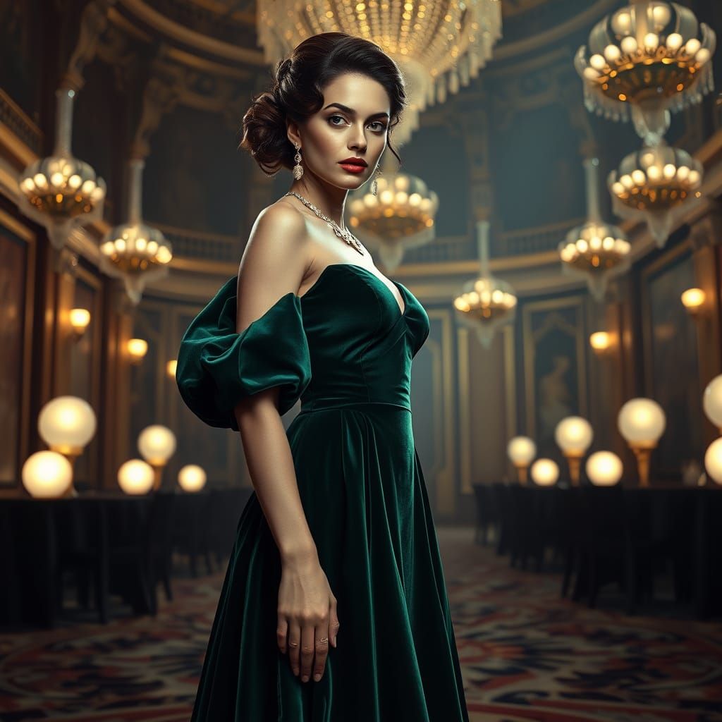 Emerald Velvet Gown in Grand Ballroom: Hyperrealistic Art