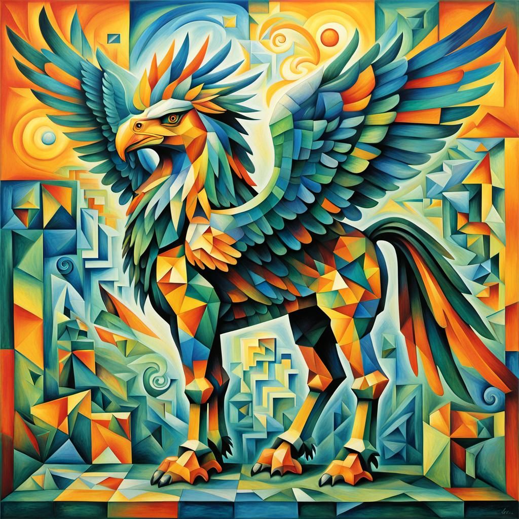 Hippogriff in Cubist Style on a Cube