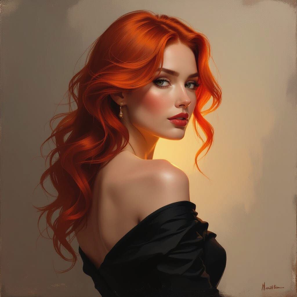 Fiery Red-Orange Hair Portrait in Oil Painting Style