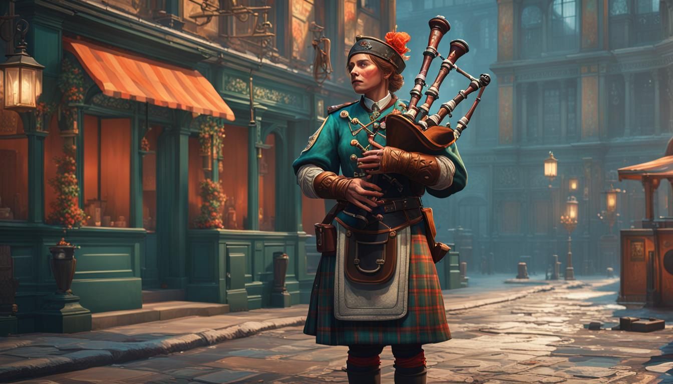 Detailed Plaid Bagpipe Player in Digital Art Style