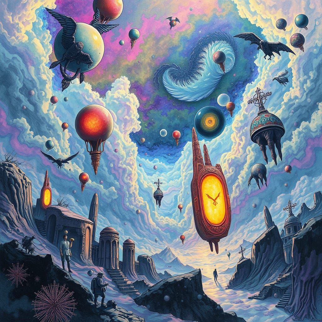 Surreal Dreamscape with Light Creatures in Charcoal Style