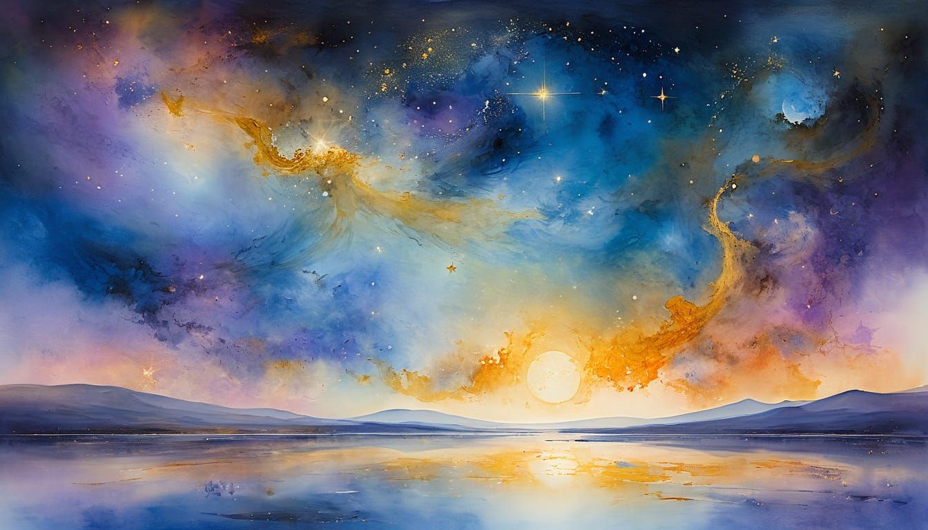 "A breathtaking cosmic scene blending the beauty of space and the sea. A majestic nebula, swirling with deep blues, purp...