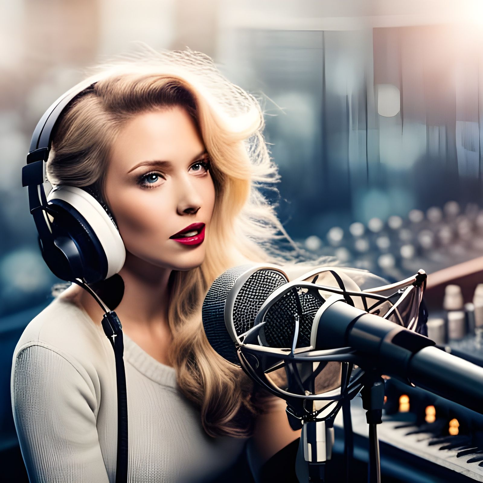 Blonde Female DJ Live on Air in Radio Studio