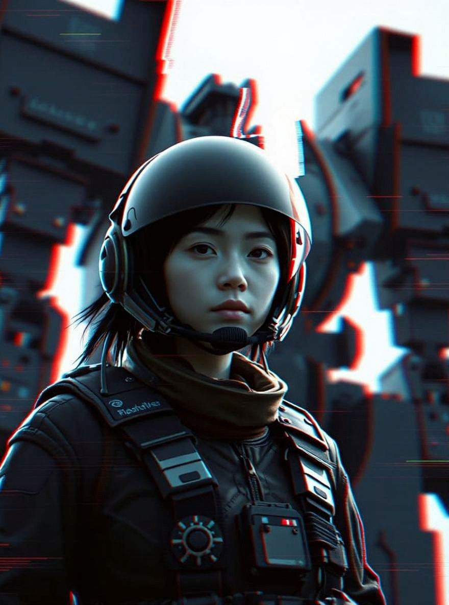 Glitch Portrait of Sci-Fi Pilot with Giant Mech